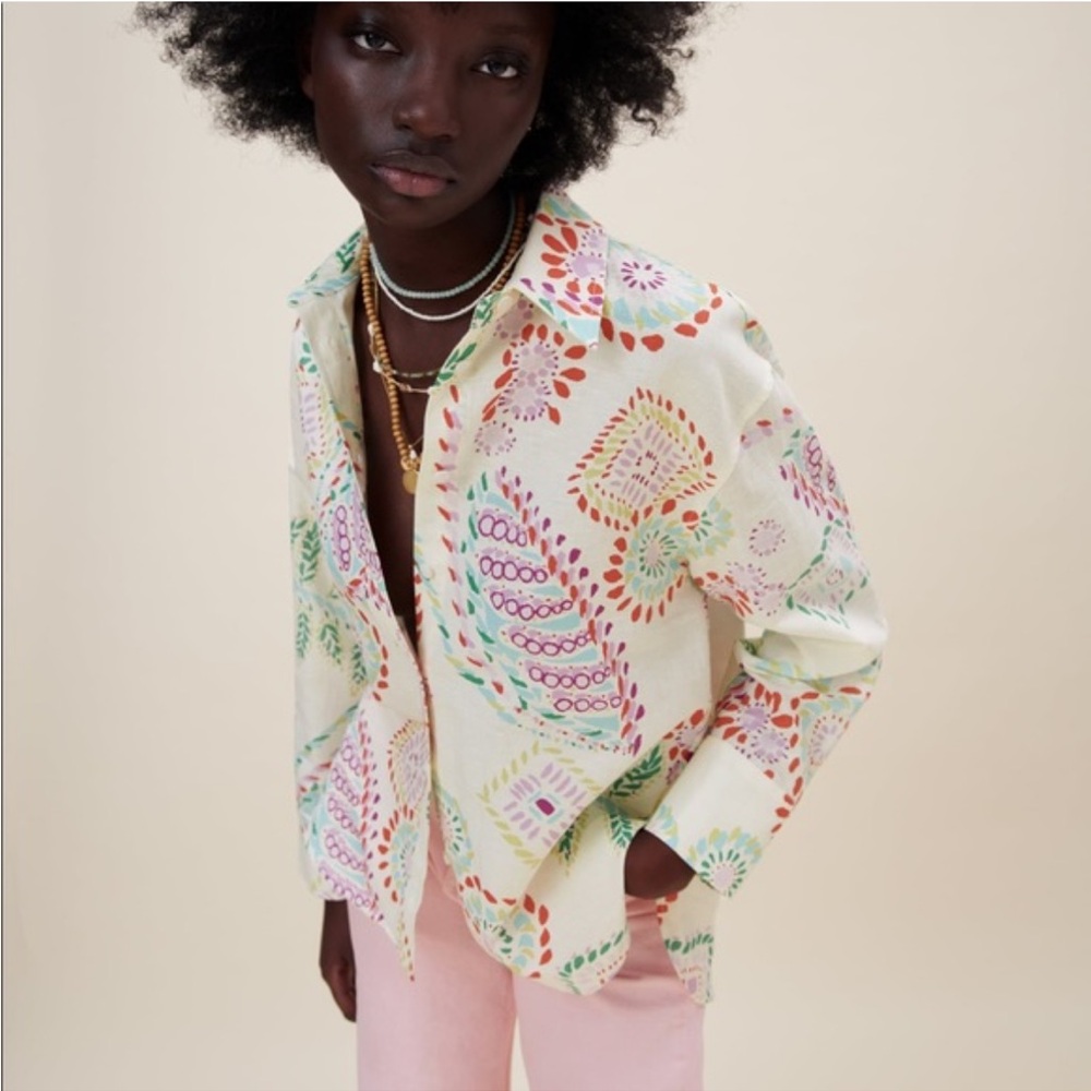 NWOT Ladies Zara Linen Blend Multicolor  Button Down Top